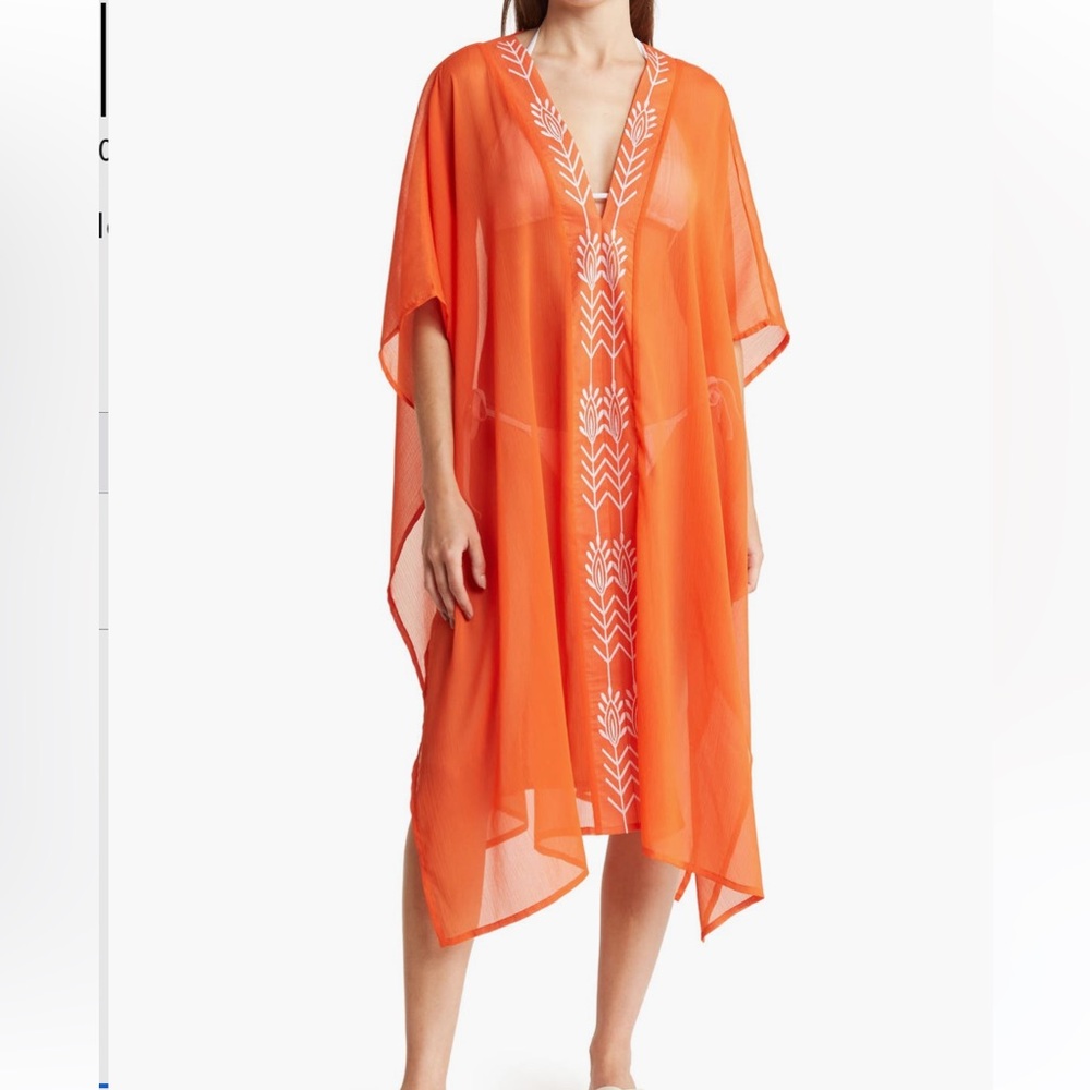 Vince Camuto Embroidered Duster Orange Coral Sheer Swim Cover-Up